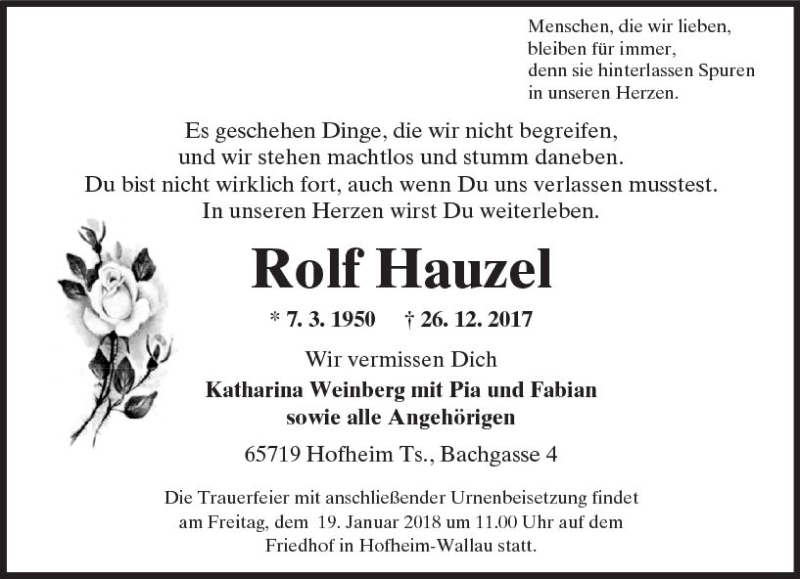  Traueranzeige für Rolf Hauzel vom 12.01.2018 aus Trauerportal Echo Online