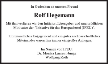 Traueranzeige von Rolf Hegemann von Trauerportal Rhein Main Presse