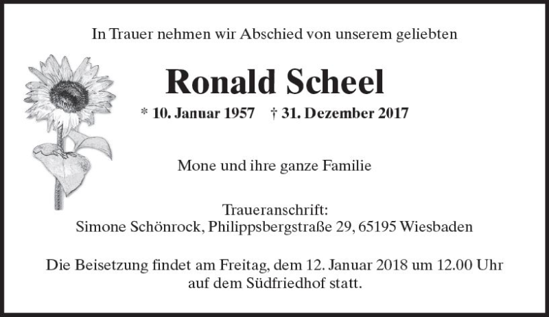  Traueranzeige für Ronald Scheel vom 06.01.2018 aus Trauerportal Rhein Main Presse