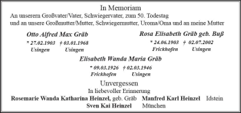 Traueranzeige von Rosa Elisabeth  Gräb von Trauerportal Rhein Main Presse