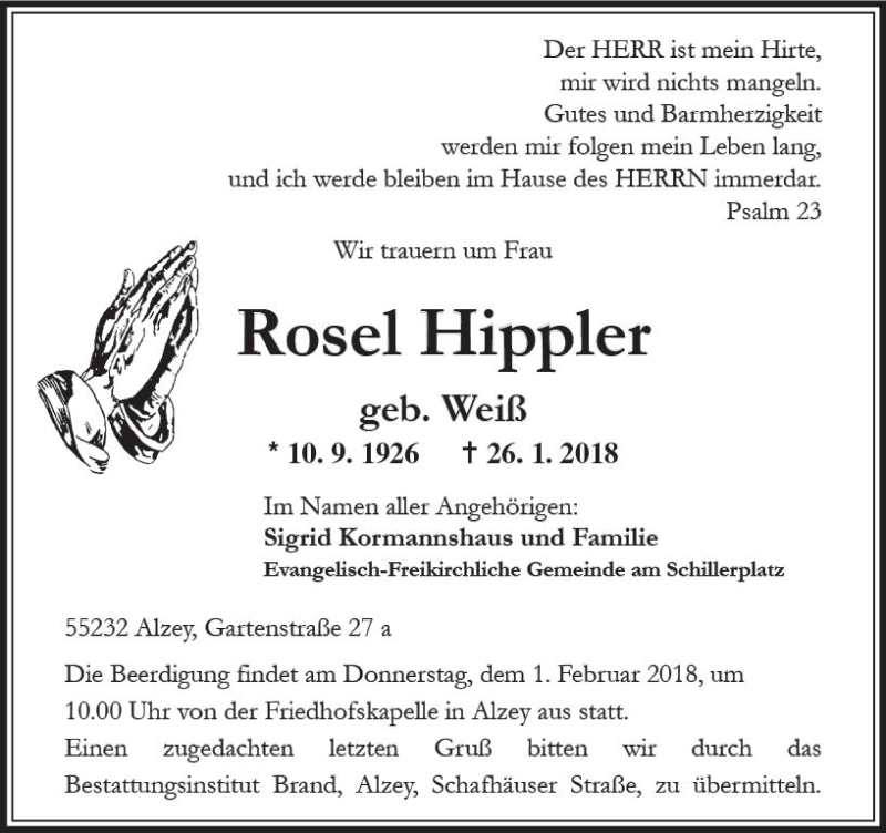  Traueranzeige für Rosel Hippler vom 27.01.2018 aus Trauerportal Rhein Main Presse