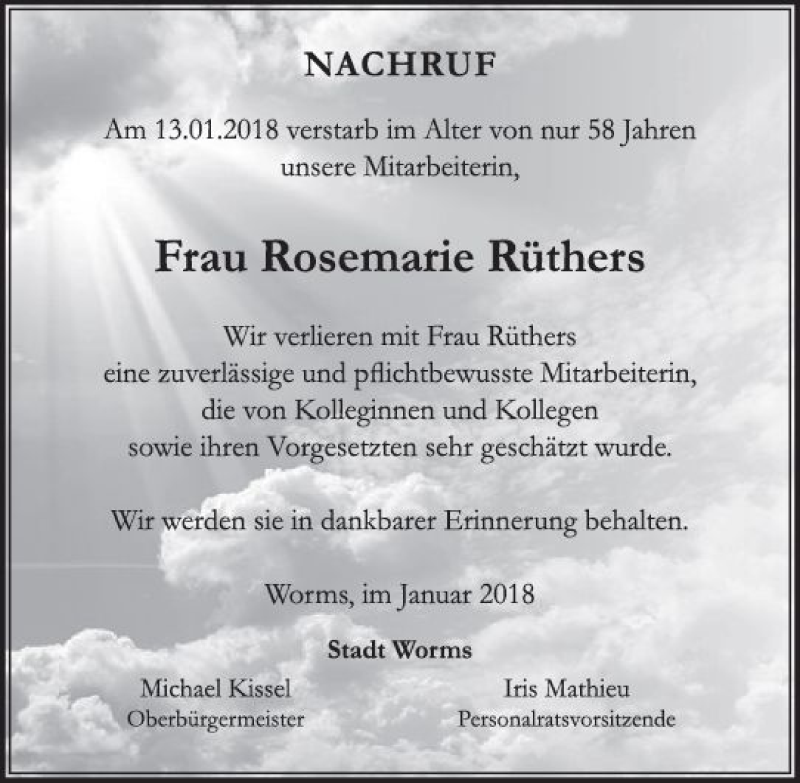  Traueranzeige für Rosemarie Rüthers vom 24.01.2018 aus Trauerportal Rhein Main Presse
