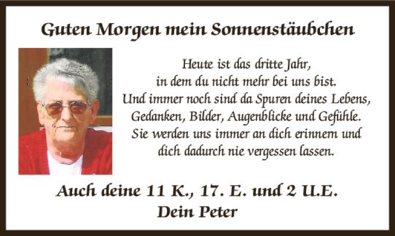  Traueranzeige für Sonnenstäubchen  vom 30.01.2018 aus Trauerportal Rhein Main Presse