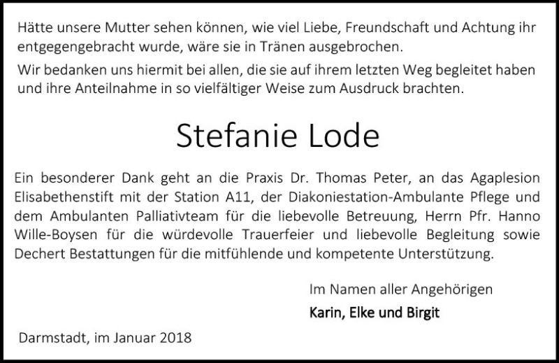  Traueranzeige für Stefanie Lode vom 27.01.2018 aus Trauerportal Rhein Main Presse