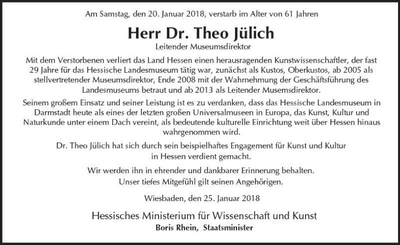  Traueranzeige für Theo Jülich vom 27.01.2018 aus Trauerportal Rhein Main Presse