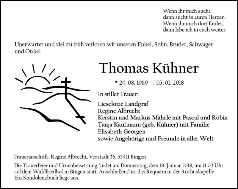 Traueranzeige für Thomas Kühner vom 13.01.2018 aus Trauerportal Rhein Main Presse