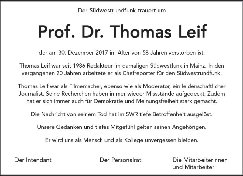  Traueranzeige für Thomas Leif vom 18.01.2018 aus Trauerportal Rhein Main Presse
