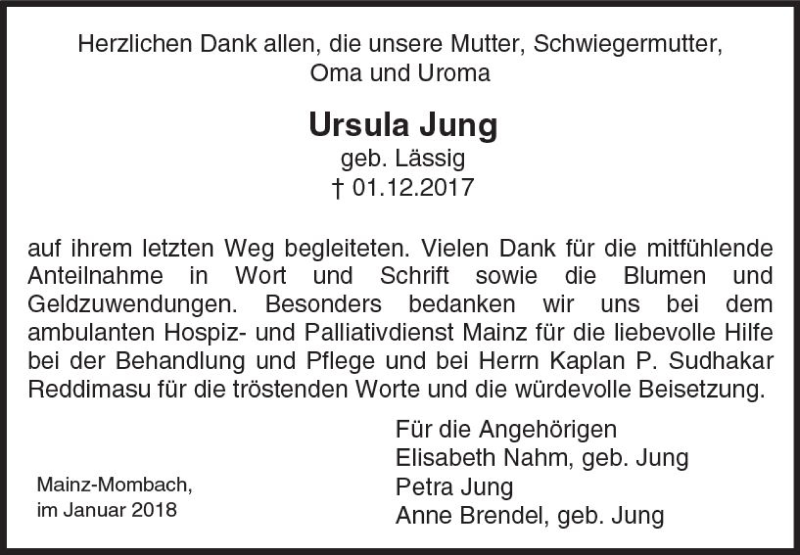  Traueranzeige für Ursula Jung vom 20.01.2018 aus Trauerportal Rhein Main Presse