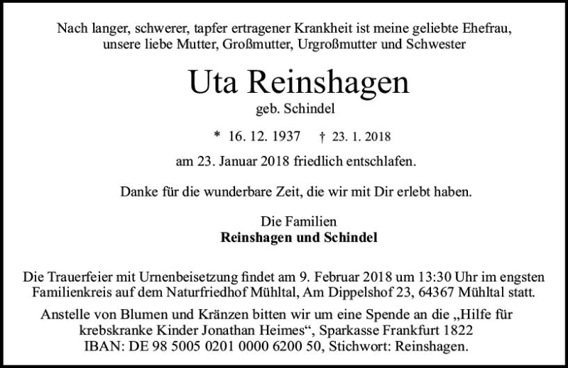  Traueranzeige für Uta Reinshagen vom 31.01.2018 aus Trauerportal Rhein Main Presse