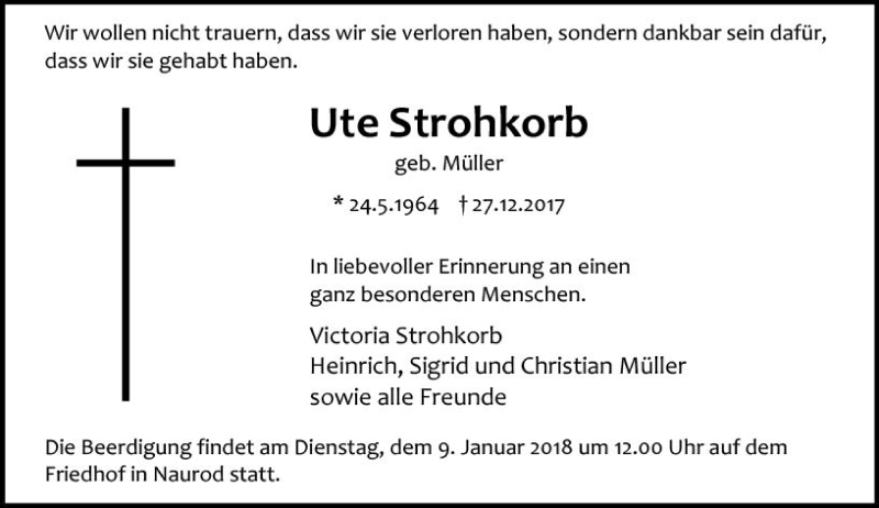  Traueranzeige für Ute Strohkorb vom 06.01.2018 aus Trauerportal Rhein Main Presse