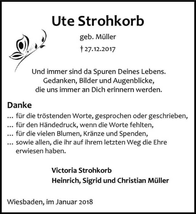  Traueranzeige für Ute Strohkorb vom 27.01.2018 aus Trauerportal Rhein Main Presse