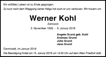 Traueranzeige von Werner Kohl von Trauerportal Rhein Main Presse