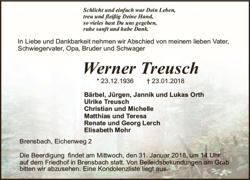  Traueranzeige für Werner Treusch vom 27.01.2018 aus Trauerportal Rhein Main Presse