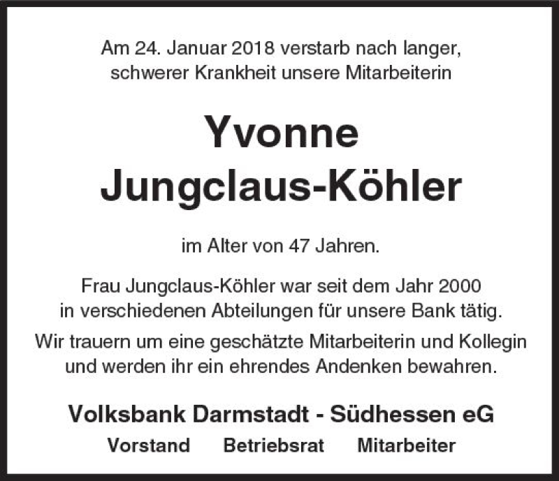  Traueranzeige für Yvonne Jungclaus-Köhler vom 31.01.2018 aus Trauerportal Rhein Main Presse