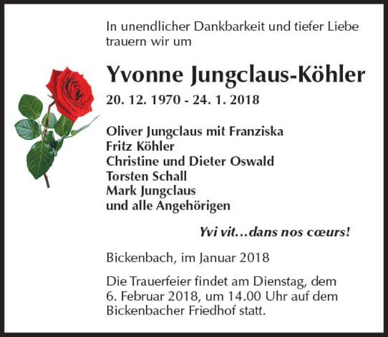  Traueranzeige für Yvonne Jungclaus-Köhler vom 27.01.2018 aus Trauerportal Rhein Main Presse