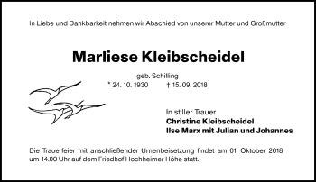 Traueranzeige von Marliese Kleibscheidel von VRM Tageszeitungen