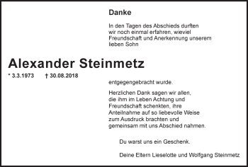 Traueranzeige von Alexander Steinmetz von vrm-trauer
