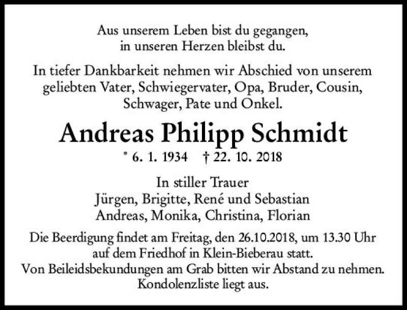  Traueranzeige für Andreas Philipp Schmidt vom 24.10.2018 aus vrm-trauer
