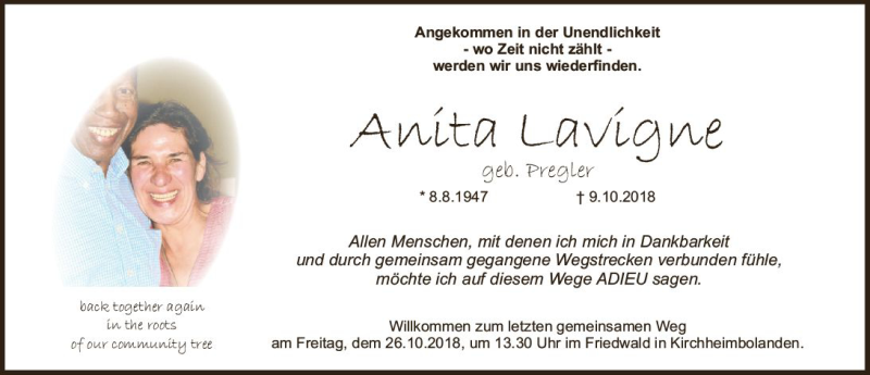  Traueranzeige für Anita Lavigne vom 20.10.2018 aus vrm-trauer