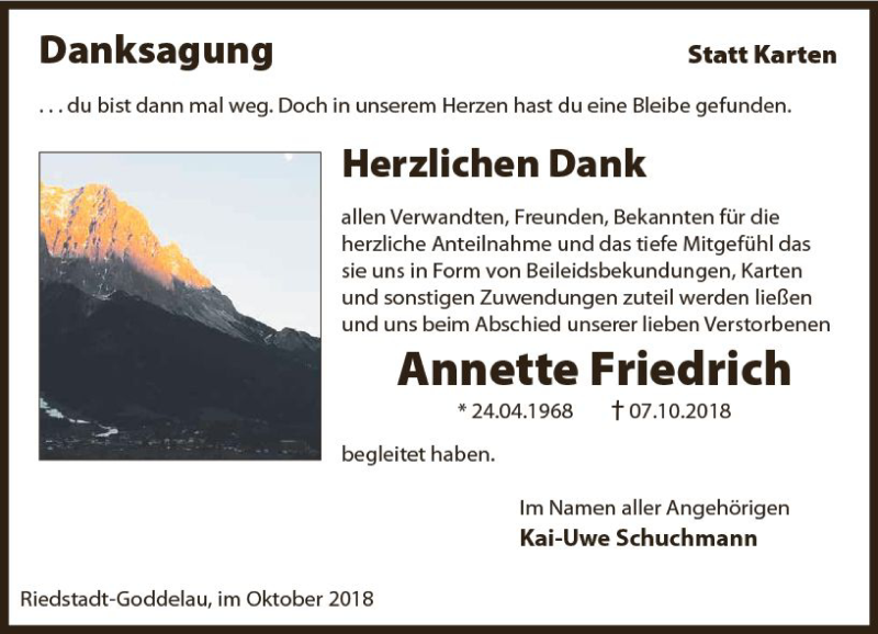  Traueranzeige für Annette Friedrich vom 24.10.2018 aus vrm-trauer