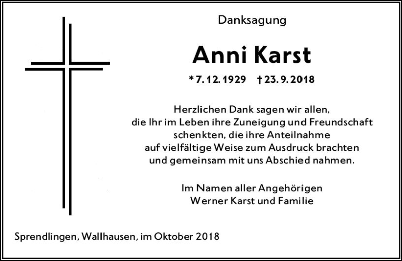  Traueranzeige für Anni Karst vom 26.10.2018 aus vrm-trauer