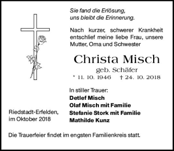 Traueranzeige von Christa Misch von vrm-trauer