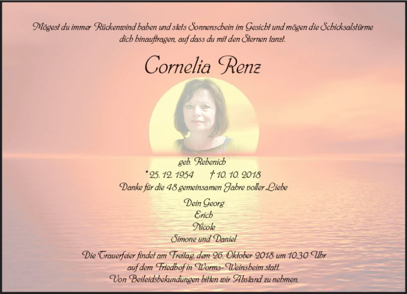  Traueranzeige für Cornelia Renz vom 23.10.2018 aus vrm-trauer