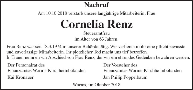  Traueranzeige für Cornelia Renz vom 25.10.2018 aus vrm-trauer
