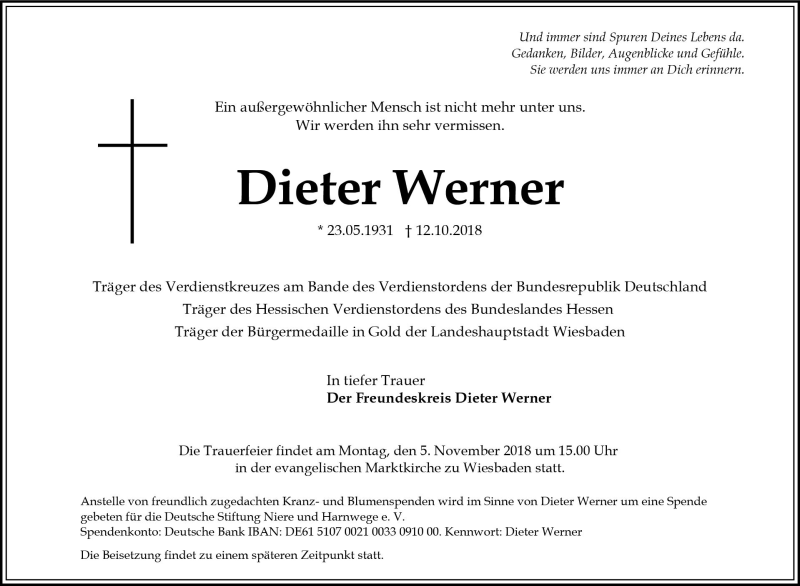  Traueranzeige für Dieter Werner vom 20.10.2018 aus vrm-trauer