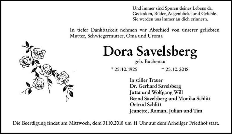  Traueranzeige für Dora Savelsberg vom 29.10.2018 aus vrm-trauer