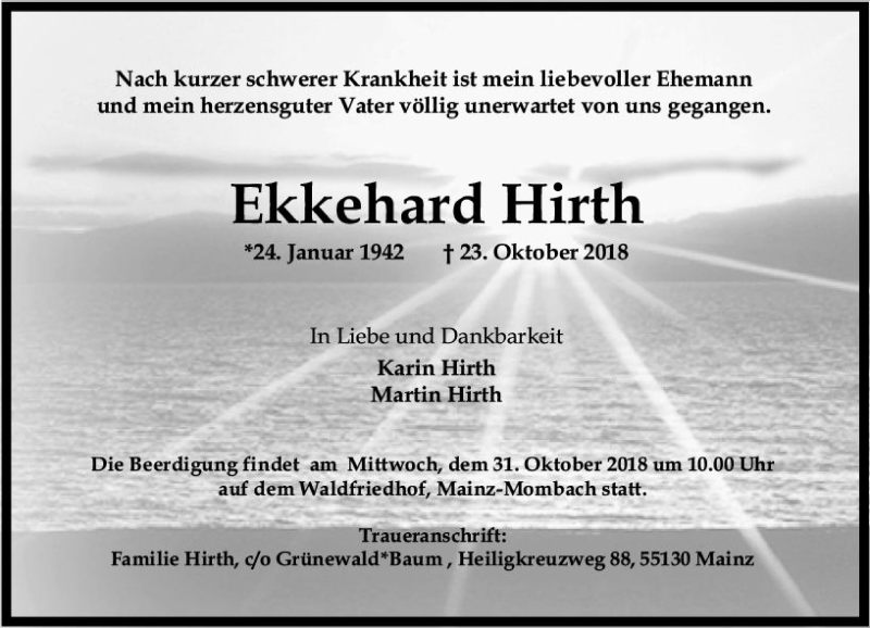  Traueranzeige für Ekkehard Hirth vom 27.10.2018 aus vrm-trauer