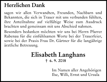 Traueranzeige von Elisabeth Langhans von vrm-trauer