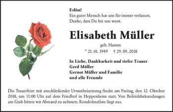 Traueranzeige von Elisabeth Müller von vrm-trauer