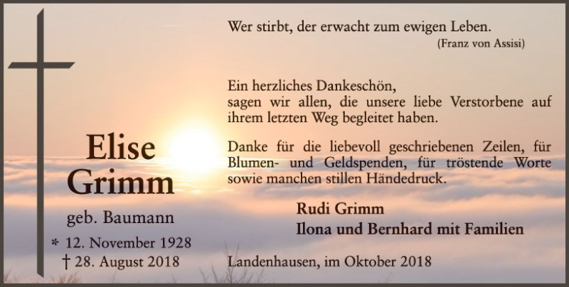  Traueranzeige für Elise Grimm vom 06.10.2018 aus VRM Trauer