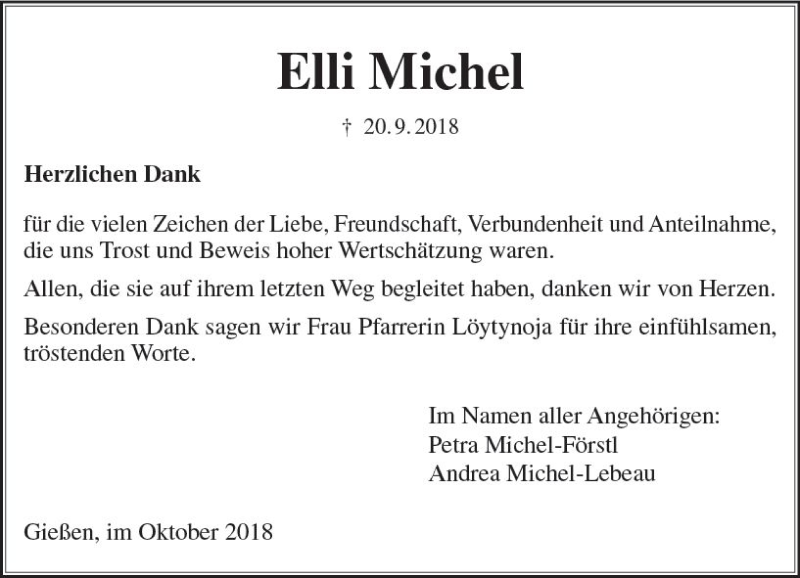  Traueranzeige für Elli Michel vom 20.10.2018 aus  Gießener Anzeiger