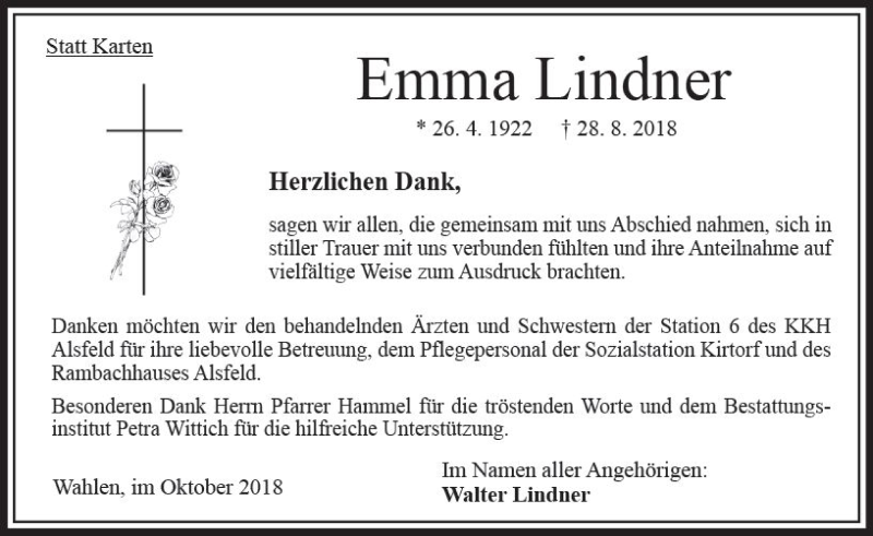  Traueranzeige für Emma Lindner vom 06.10.2018 aus VRM Trauer