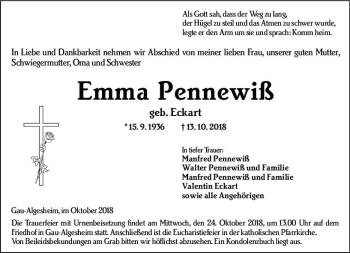 Traueranzeige von Emma Pennewiß von vrm-trauer