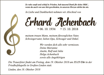 Traueranzeige von Erhard Achenbach von  Gießener Anzeiger