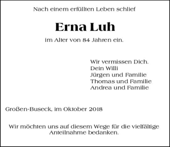 Traueranzeige von Erna Luh von  Gießener Anzeiger