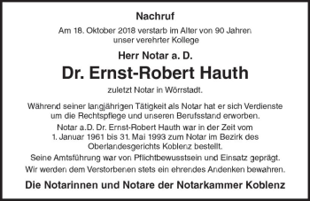 Traueranzeige von Ernst-Robert Hauth von vrm-trauer