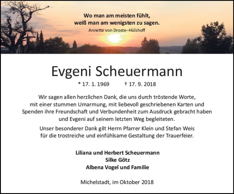  Traueranzeige für Evgeni Scheuermann vom 20.10.2018 aus vrm-trauer