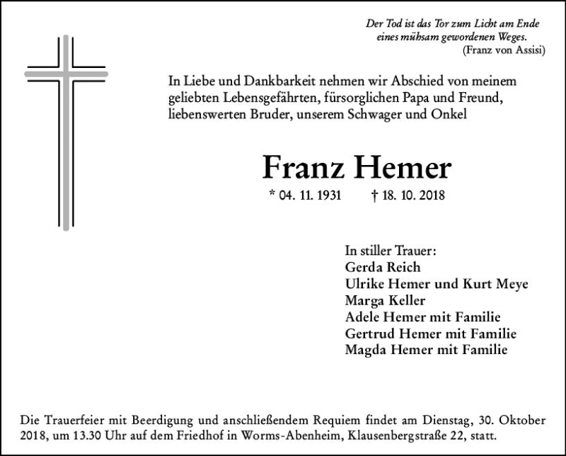  Traueranzeige für Franz Hemer vom 24.10.2018 aus vrm-trauer