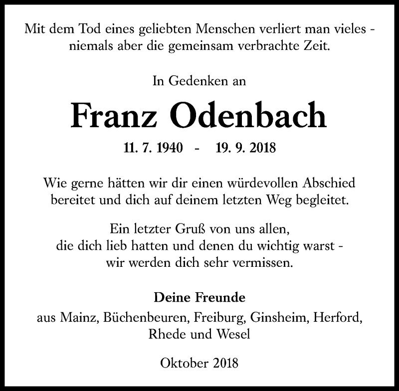  Traueranzeige für Franz Odenbach vom 13.10.2018 aus vrm-trauer