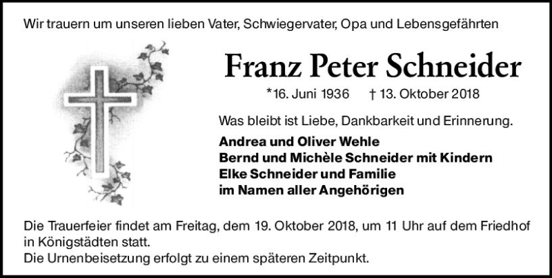  Traueranzeige für Franz Peter Schneider vom 17.10.2018 aus vrm-trauer