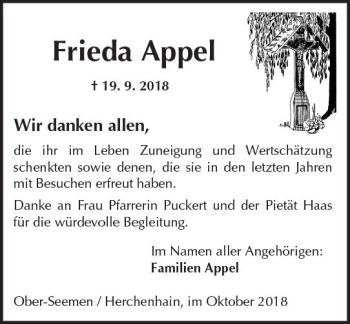 Traueranzeige von Frieda Appel von VRM Trauer