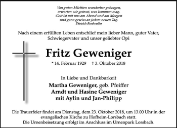 Traueranzeige von Fritz Geweniger von vrm-trauer