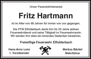Traueranzeige von Fritz Hartmann von  Kreisanzeiger