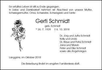 Traueranzeige von Gerb Schmidt von  Gießener Anzeiger