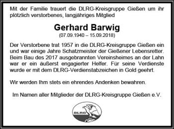 Traueranzeige von Gerhard Barwig von  Gießener Anzeiger