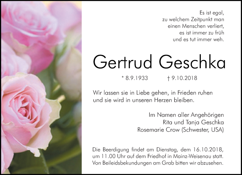  Traueranzeige für Gertrud Geschka vom 13.10.2018 aus vrm-trauer